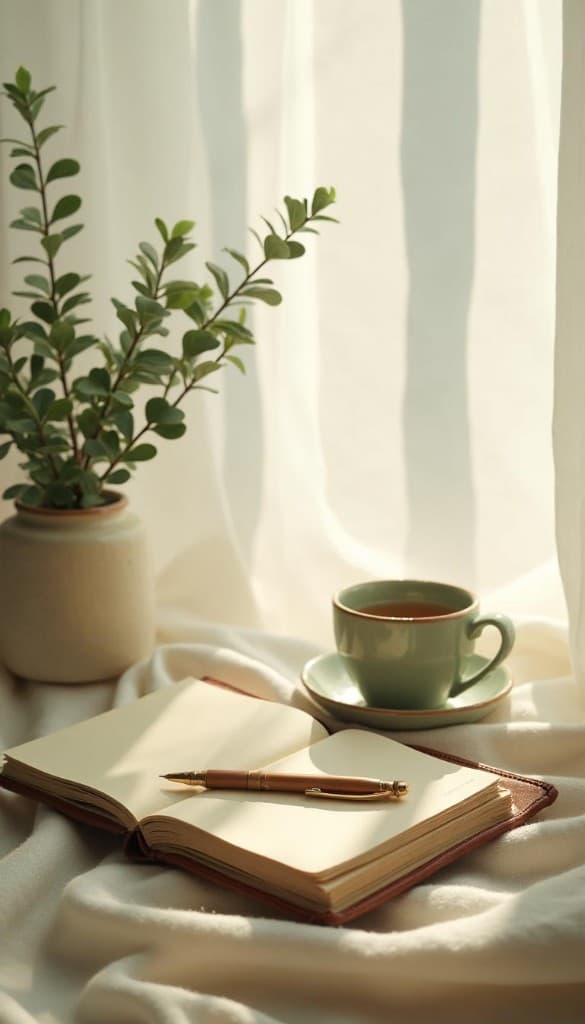 A calming journal writing setup with tea, notebook, and pen